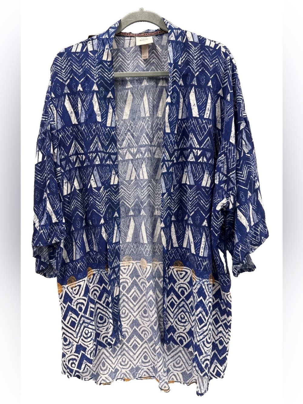 Knox Rose XL/XXL Open Front Kimono Cover Up Duster Blue Multi Tribal Boho Chic